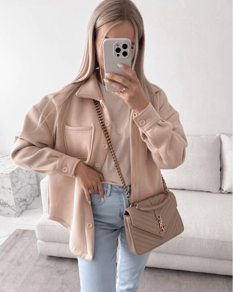 Damen Oversized Hemdjacke Shacket aus weichem Wollmix mit aufgesetzten Brusttaschen Nord Taschen