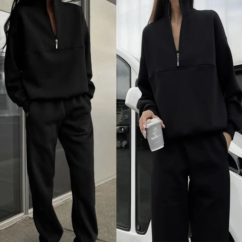 Damen Oversized Half-Zip Lounge-Set aus French-Terry mit hohem Stehkragen Nord Taschen