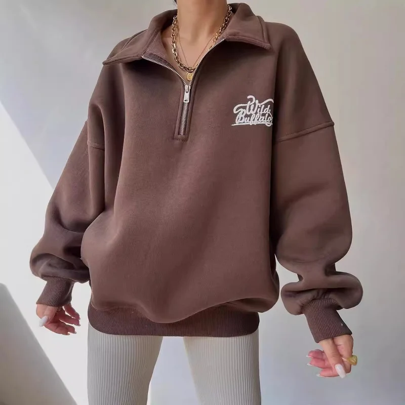 Damen Oversized Halbzip-Sweatshirt mit Stehkragen und gesticktem Logo Nord Taschen
