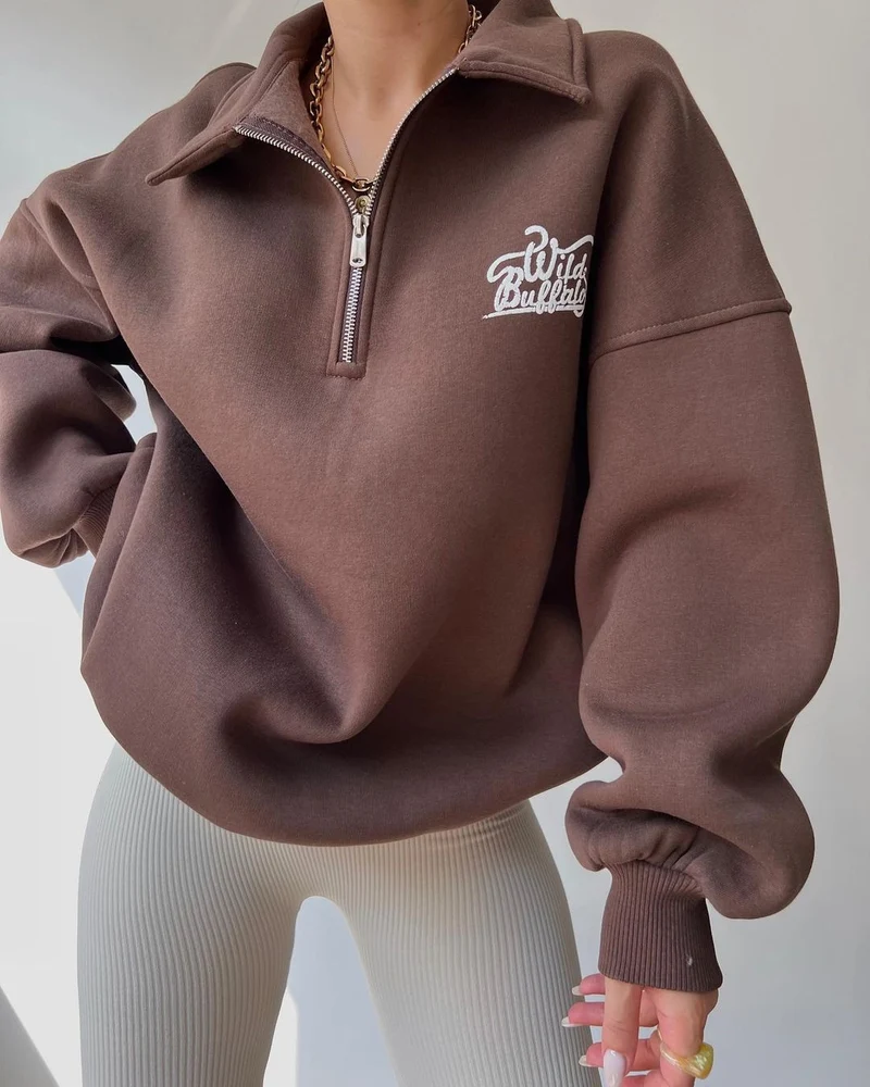 Damen Oversized Halbzip-Sweatshirt mit Stehkragen und gesticktem Logo Nord Taschen