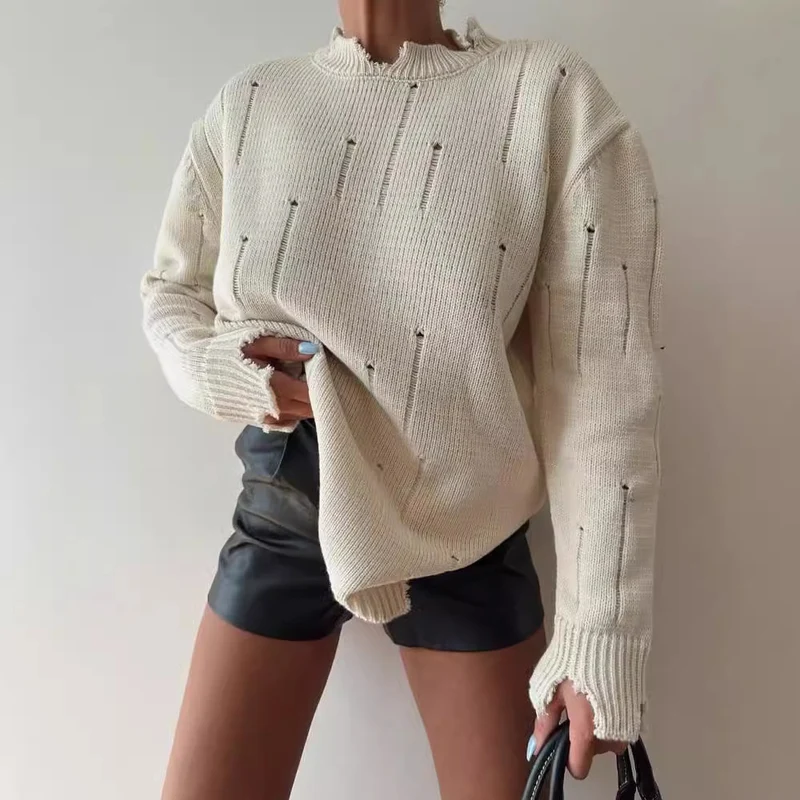 Damen Oversized Grobstrickpullover mit Distressed-Details und geripptem Saum Nord Taschen