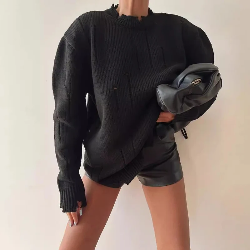Damen Oversized Grobstrickpullover mit Distressed-Details und geripptem Saum Nord Taschen