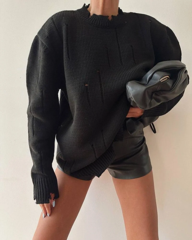 Damen Oversized Grobstrickpullover mit Distressed-Details und geripptem Saum Nord Taschen