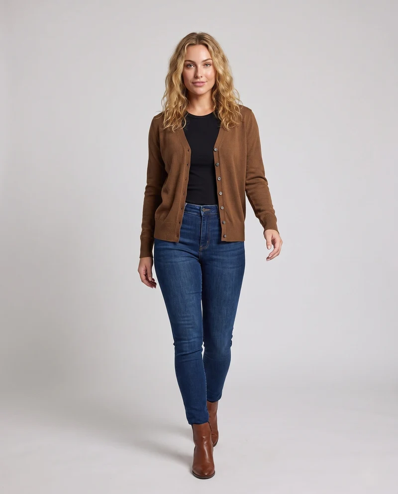 Damen Feinstrick-Cardigan mit V-Ausschnitt und Zierknopfleiste Nord Taschen