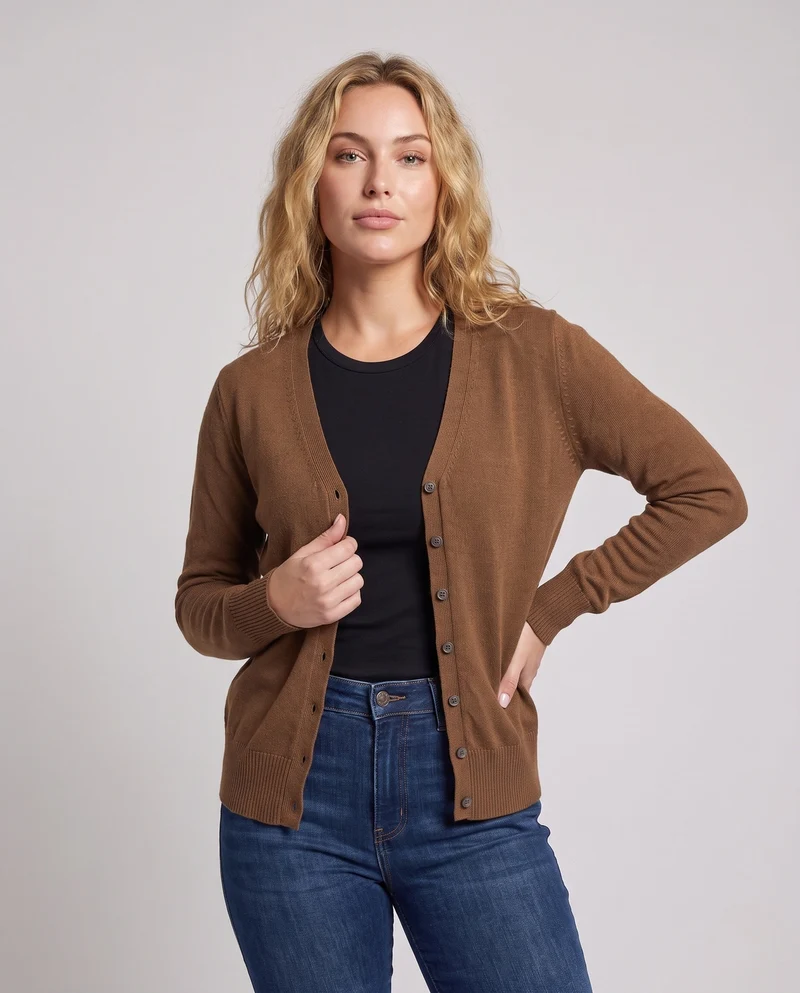 Damen Feinstrick-Cardigan mit V-Ausschnitt und Zierknopfleiste Nord Taschen