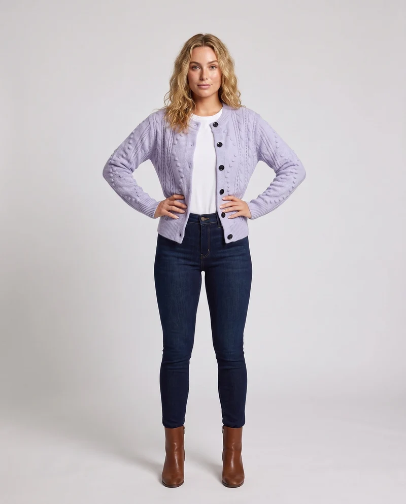 Damen Feinstrick-Cardigan mit Zopfmuster, Noppen-Ajour und Rundhalsausschnitt Nord Taschen