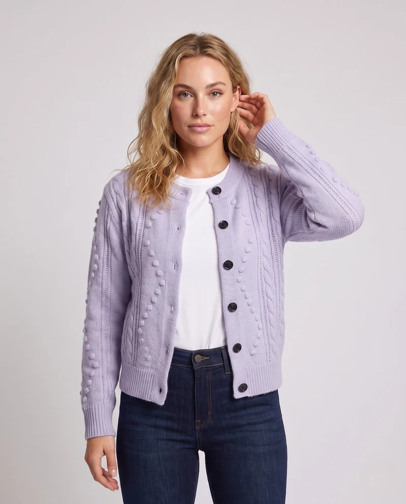 Damen Feinstrick-Cardigan mit Zopfmuster, Noppen-Ajour und Rundhalsausschnitt Nord Taschen
