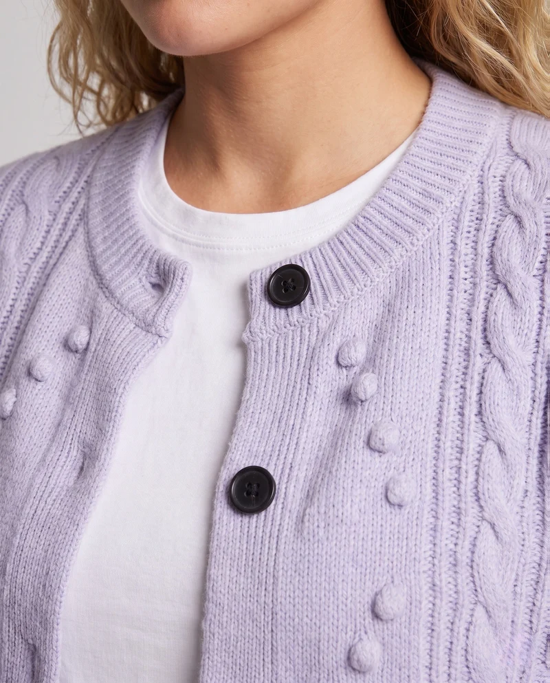 Damen Feinstrick-Cardigan mit Zopfmuster, Noppen-Ajour und Rundhalsausschnitt Nord Taschen