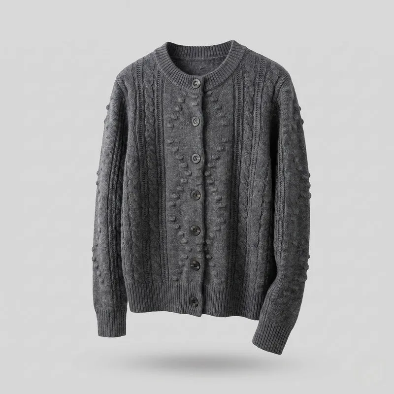 Damen Feinstrick-Cardigan mit Zopfmuster, Noppen-Ajour und Rundhalsausschnitt Nord Taschen