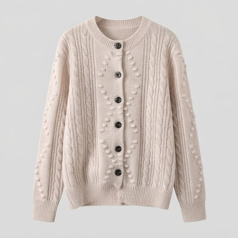 Damen Feinstrick-Cardigan mit Zopfmuster, Noppen-Ajour und Rundhalsausschnitt Nord Taschen