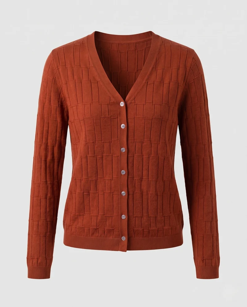 Damen Feinstrick-Cardigan mit V-Ausschnitt, strukturierter Blockoptik und durchgehender Knopfleiste Nord Taschen