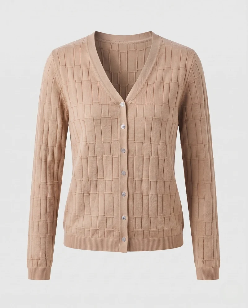 Damen Feinstrick-Cardigan mit V-Ausschnitt, strukturierter Blockoptik und durchgehender Knopfleiste Nord Taschen