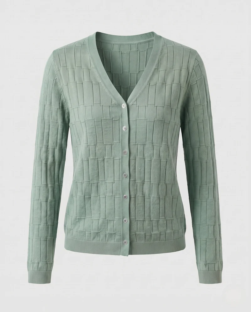 Damen Feinstrick-Cardigan mit V-Ausschnitt, strukturierter Blockoptik und durchgehender Knopfleiste Nord Taschen