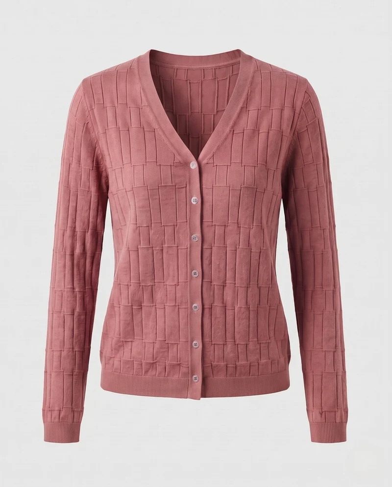Damen Feinstrick-Cardigan mit V-Ausschnitt, strukturierter Blockoptik und durchgehender Knopfleiste Nord Taschen