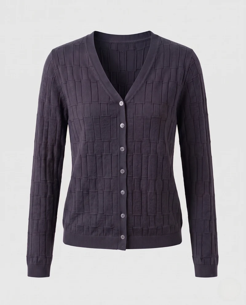 Damen Feinstrick-Cardigan mit V-Ausschnitt, strukturierter Blockoptik und durchgehender Knopfleiste Nord Taschen