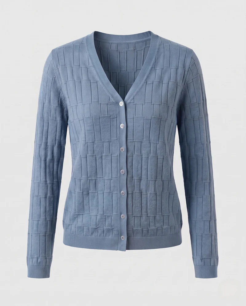 Damen Feinstrick-Cardigan mit V-Ausschnitt, strukturierter Blockoptik und durchgehender Knopfleiste Nord Taschen