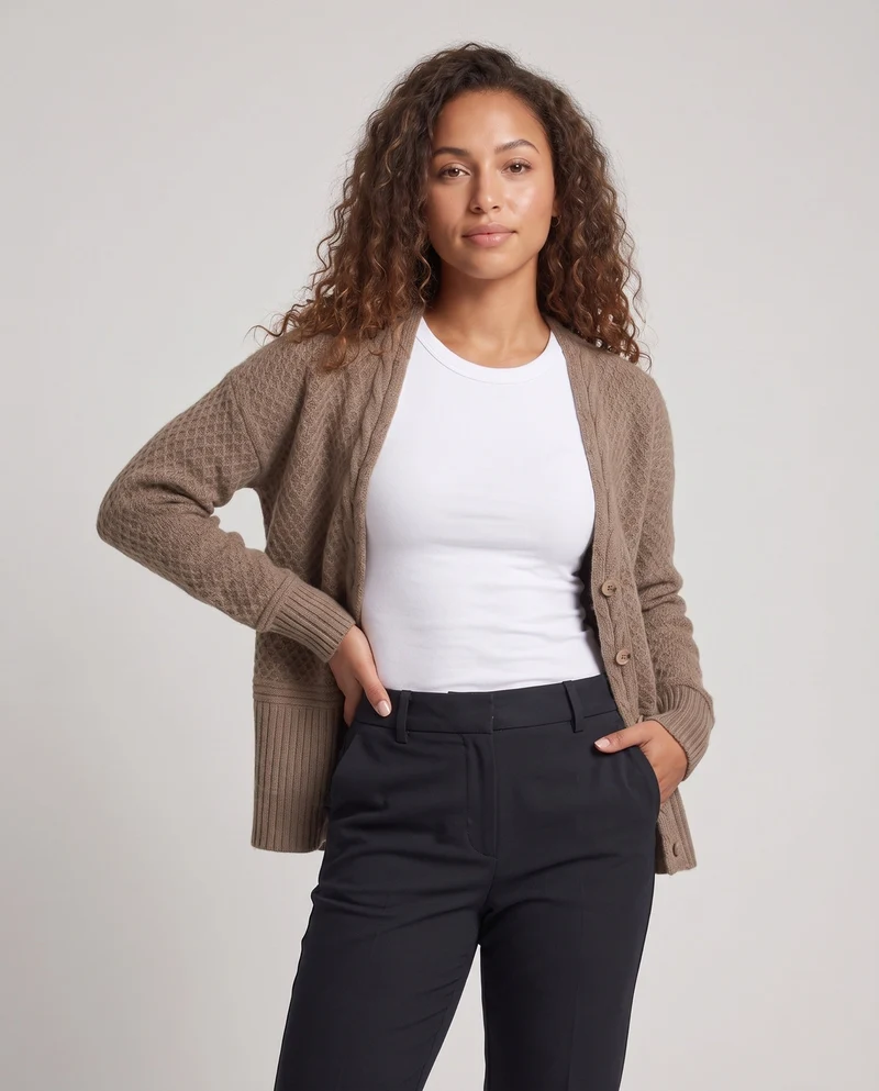 Damen Feinstrick-Cardigan mit strukturierter Wabenoptik, V‑Ausschnitt und gerippten Abschlüssen Nord Taschen
