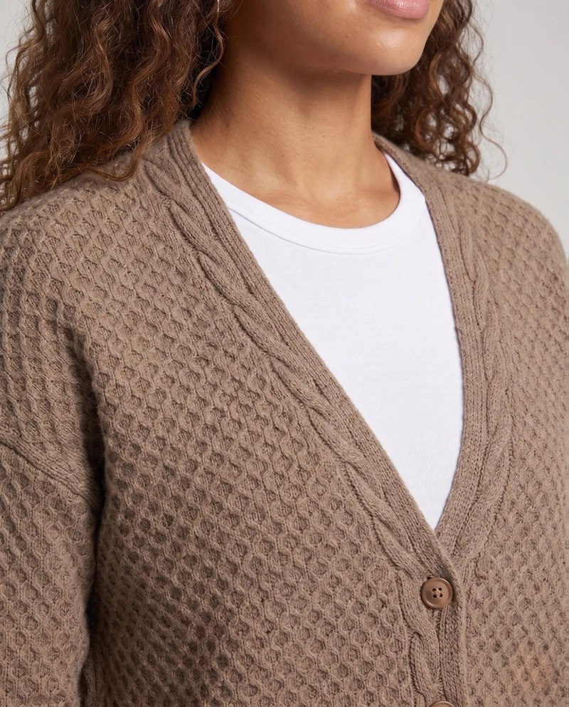 Damen Feinstrick-Cardigan mit strukturierter Wabenoptik, V‑Ausschnitt und gerippten Abschlüssen Nord Taschen