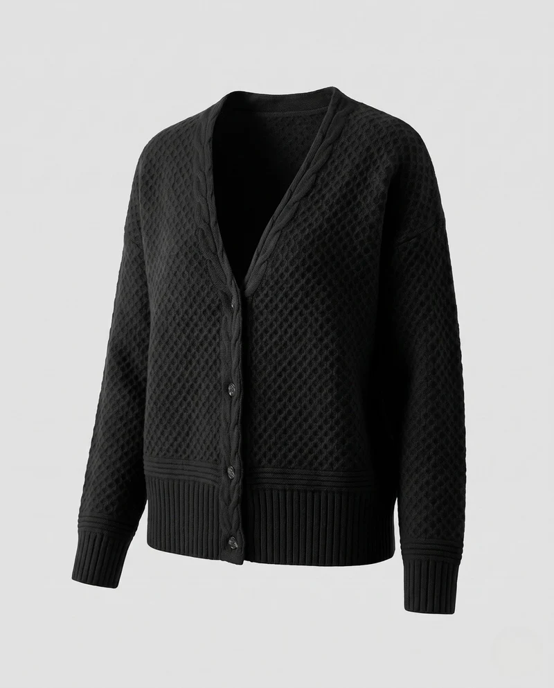 Damen Feinstrick-Cardigan mit strukturierter Wabenoptik, V‑Ausschnitt und gerippten Abschlüssen Nord Taschen