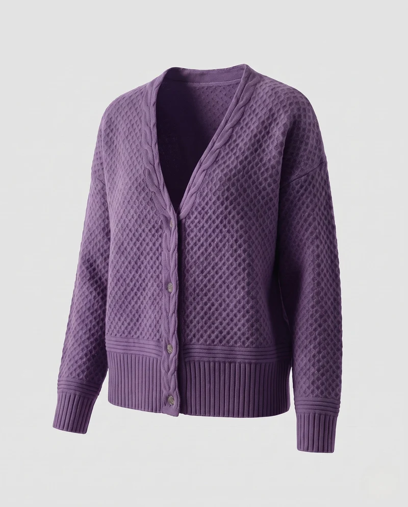 Damen Feinstrick-Cardigan mit strukturierter Wabenoptik, V‑Ausschnitt und gerippten Abschlüssen Nord Taschen