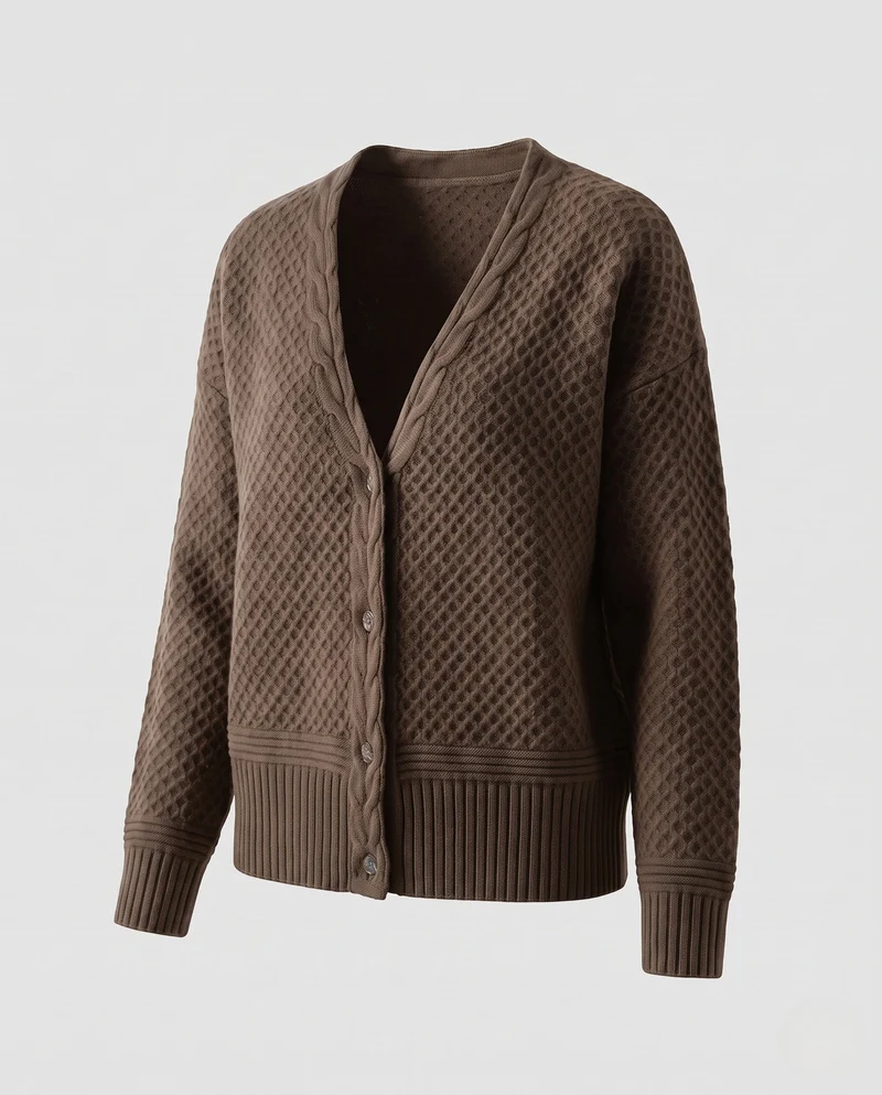 Damen Feinstrick-Cardigan mit strukturierter Wabenoptik, V‑Ausschnitt und gerippten Abschlüssen Nord Taschen