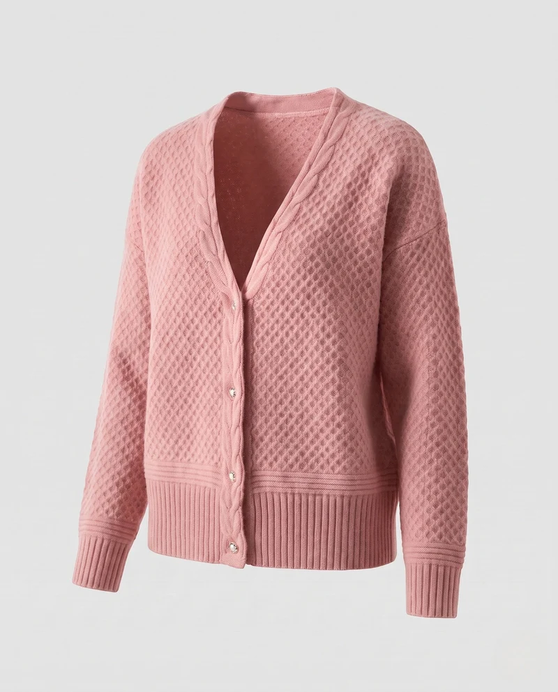 Damen Feinstrick-Cardigan mit strukturierter Wabenoptik, V‑Ausschnitt und gerippten Abschlüssen Nord Taschen
