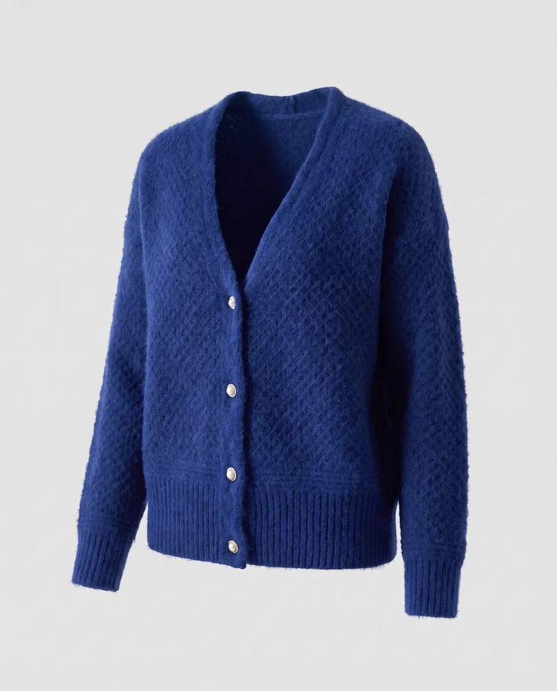 Damen Feinstrick-Cardigan mit strukturierter Wabenoptik, V‑Ausschnitt und gerippten Abschlüssen Nord Taschen