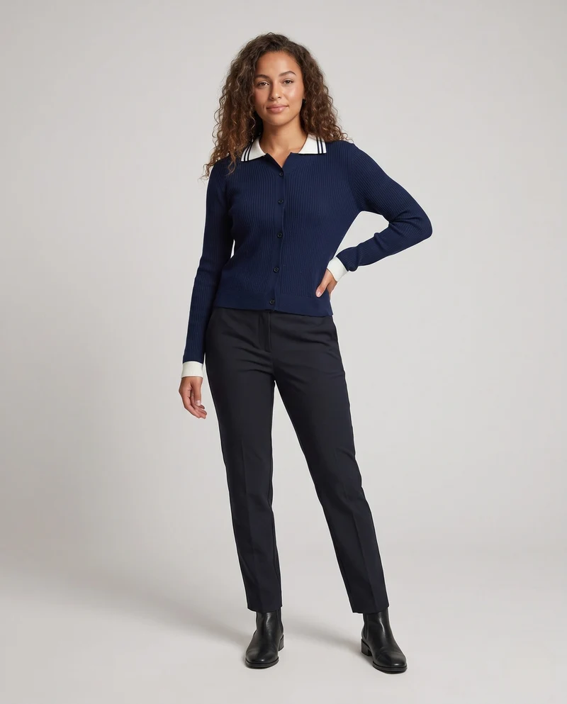 Damen Feinstrick-Cardigan mit Polokragen und kontrastierenden Bündchen Nord Taschen