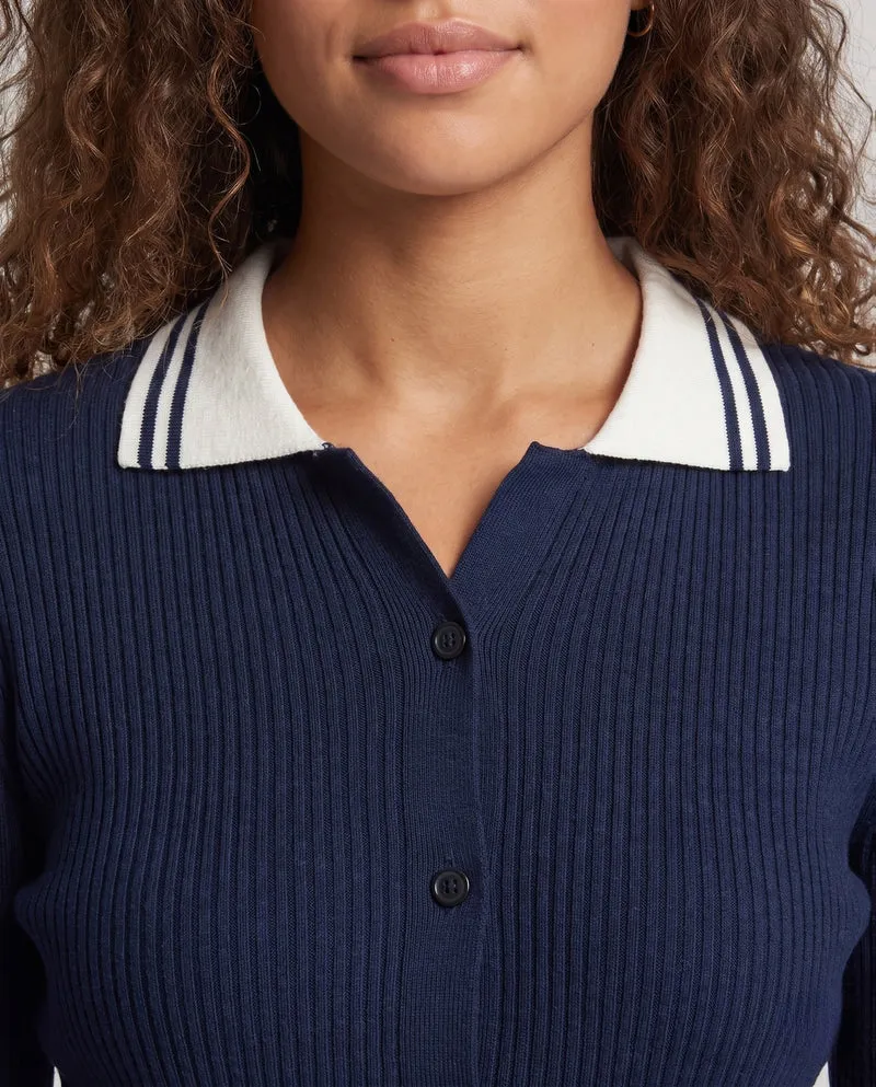 Damen Feinstrick-Cardigan mit Polokragen und kontrastierenden Bündchen Nord Taschen