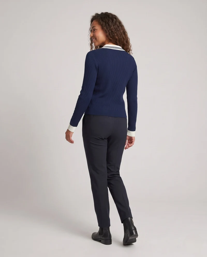 Damen Feinstrick-Cardigan mit Polokragen und kontrastierenden Bündchen Nord Taschen