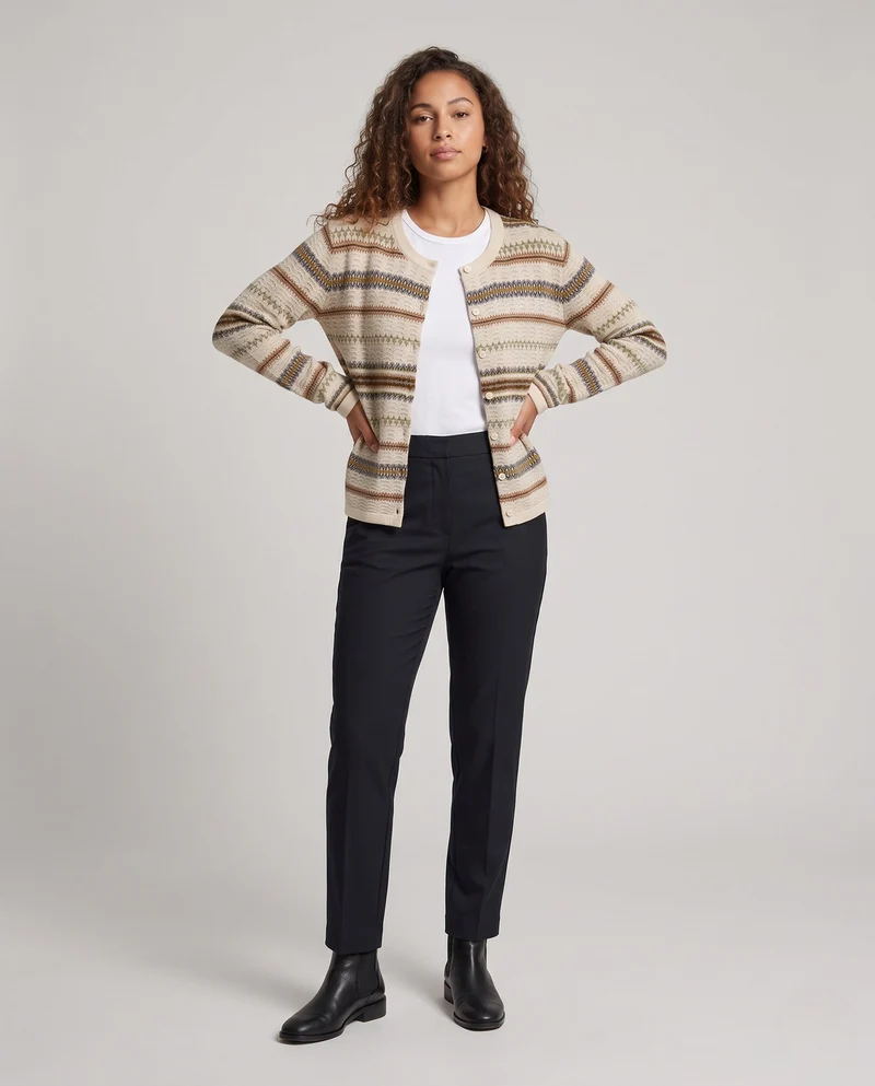 Damen Feinstrick-Cardigan mit Norwegerstreifen und Rundhalsausschnitt Nord Taschen