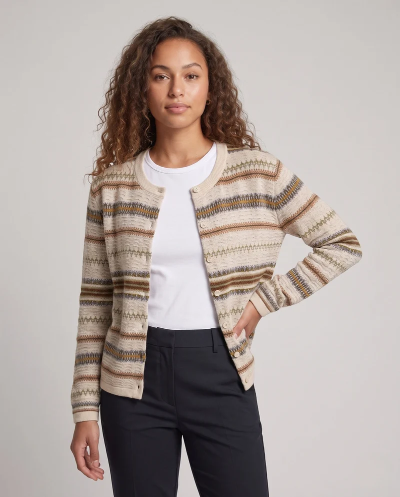 Damen Feinstrick-Cardigan mit Norwegerstreifen und Rundhalsausschnitt Nord Taschen