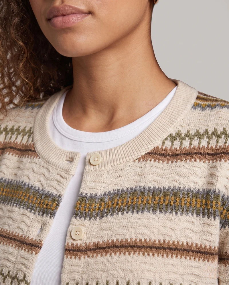 Damen Feinstrick-Cardigan mit Norwegerstreifen und Rundhalsausschnitt Nord Taschen