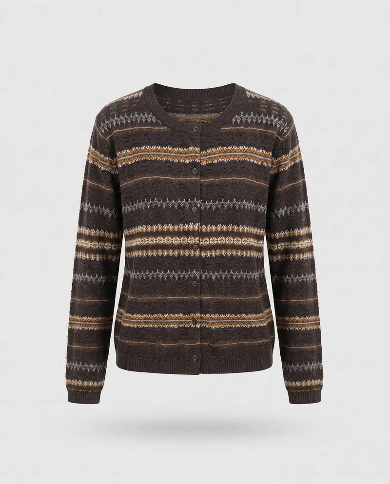 Damen Feinstrick-Cardigan mit Norwegerstreifen und Rundhalsausschnitt Nord Taschen