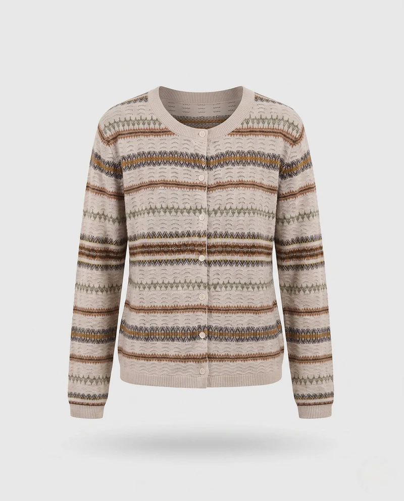 Damen Feinstrick-Cardigan mit Norwegerstreifen und Rundhalsausschnitt Nord Taschen