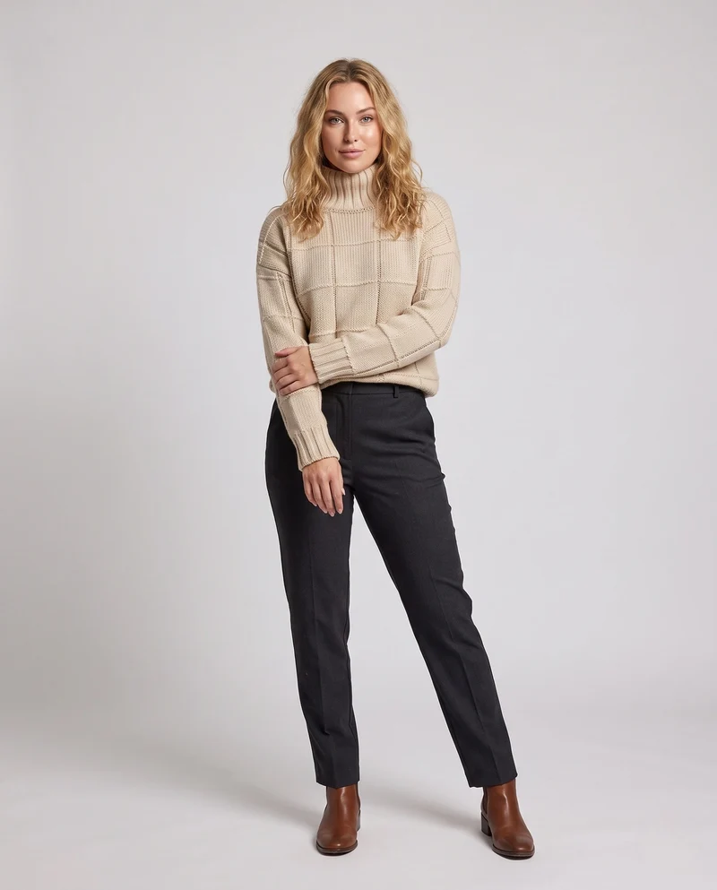 Damen Karierter Feinstrick-Mockneckpullover mit kastiger Oversize-Silhouette Nord Taschen