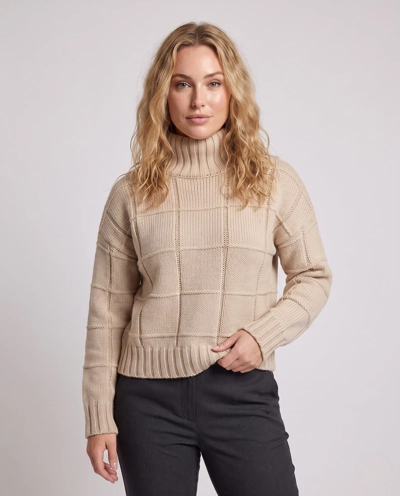 Damen Karierter Feinstrick-Mockneckpullover mit kastiger Oversize-Silhouette Nord Taschen