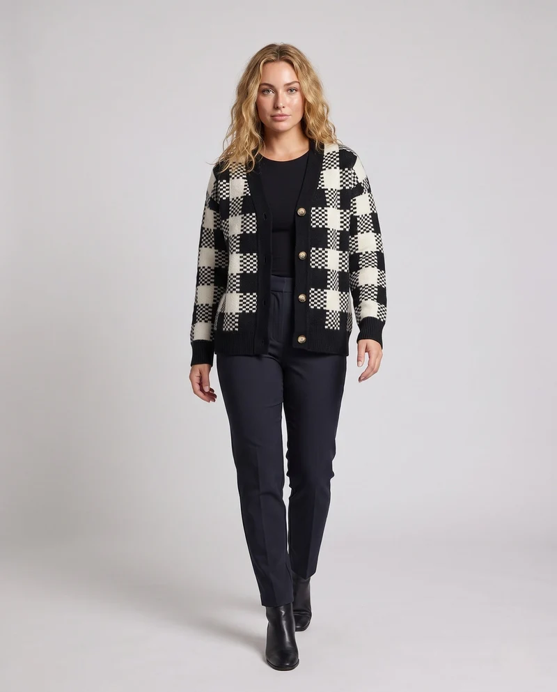 Damen Karierter Strick-Cardigan mit V‑Ausschnitt, Oversize‑Silhouette und dekorativen Knöpfen Nord Taschen