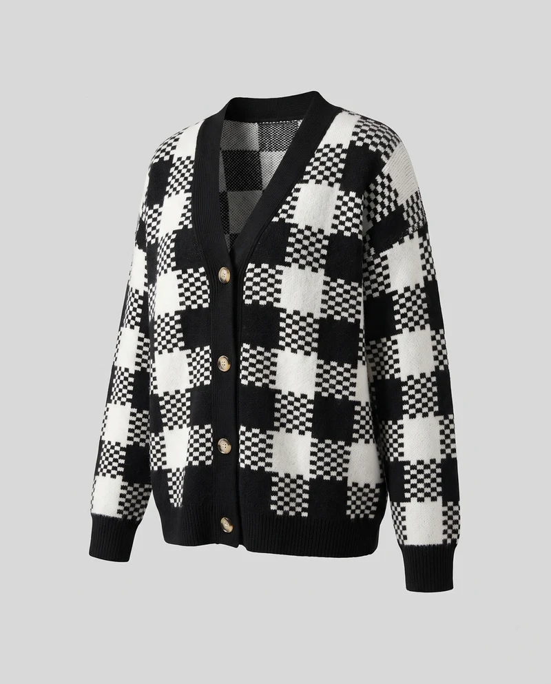 Damen Karierter Strick-Cardigan mit V‑Ausschnitt, Oversize‑Silhouette und dekorativen Knöpfen Nord Taschen
