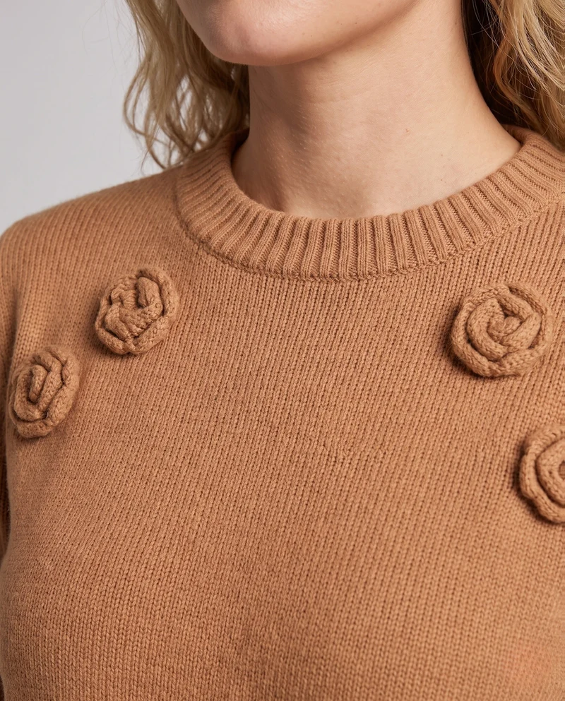 Damen Kaschmir‑Look Feinstrickpullover mit dreidimensionalen Rosenapplikationen und geripptem Saum Nord Taschen