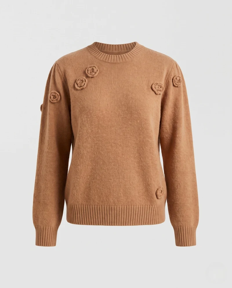 Damen Kaschmir‑Look Feinstrickpullover mit dreidimensionalen Rosenapplikationen und geripptem Saum Nord Taschen