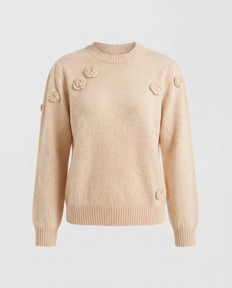 Damen Kaschmir‑Look Feinstrickpullover mit dreidimensionalen Rosenapplikationen und geripptem Saum Nord Taschen