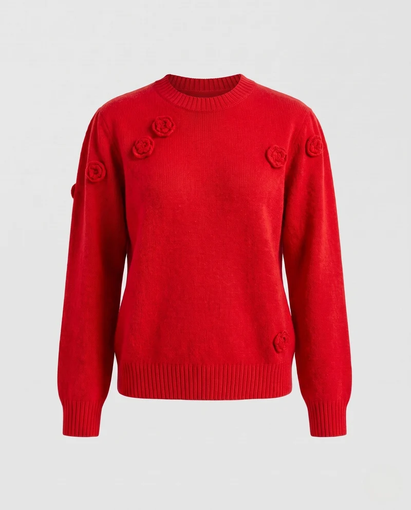 Damen Kaschmir‑Look Feinstrickpullover mit dreidimensionalen Rosenapplikationen und geripptem Saum Nord Taschen