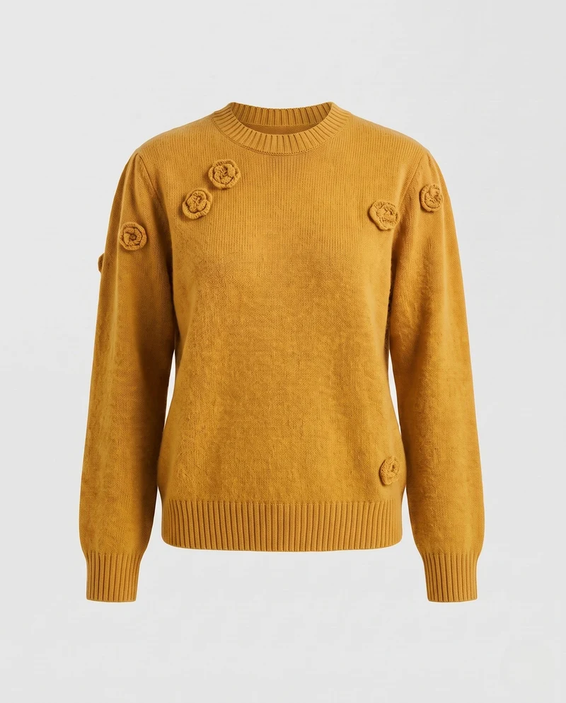 Damen Kaschmir‑Look Feinstrickpullover mit dreidimensionalen Rosenapplikationen und geripptem Saum Nord Taschen