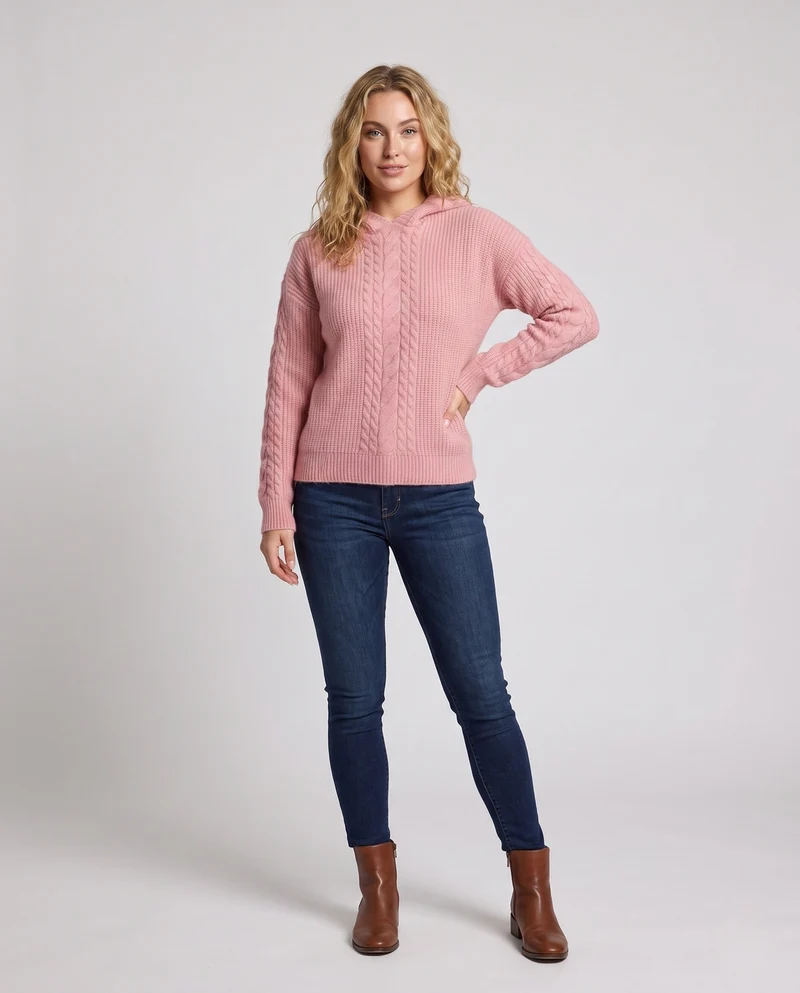 Damen Kapuzenpullover aus flauschigem Zopfstrick mit kaschmirähnlicher Optik Nord Taschen