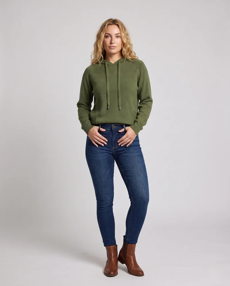 Damen Kapuzenpullover im Kaschmir‑Look mit Kängurutasche und feinem Rippdetail Nord Taschen