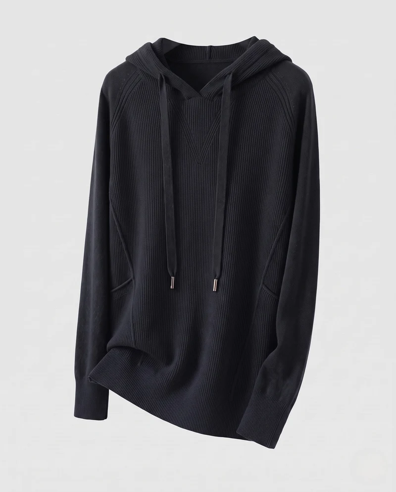 Damen Kapuzenpullover im Kaschmir‑Look mit Kängurutasche und feinem Rippdetail Nord Taschen