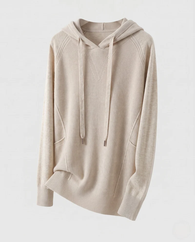 Damen Kapuzenpullover im Kaschmir‑Look mit Kängurutasche und feinem Rippdetail Nord Taschen