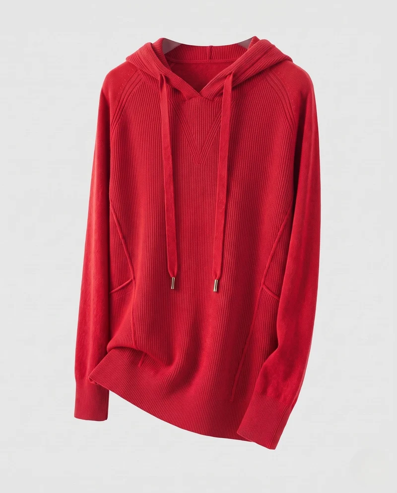 Damen Kapuzenpullover im Kaschmir‑Look mit Kängurutasche und feinem Rippdetail Nord Taschen