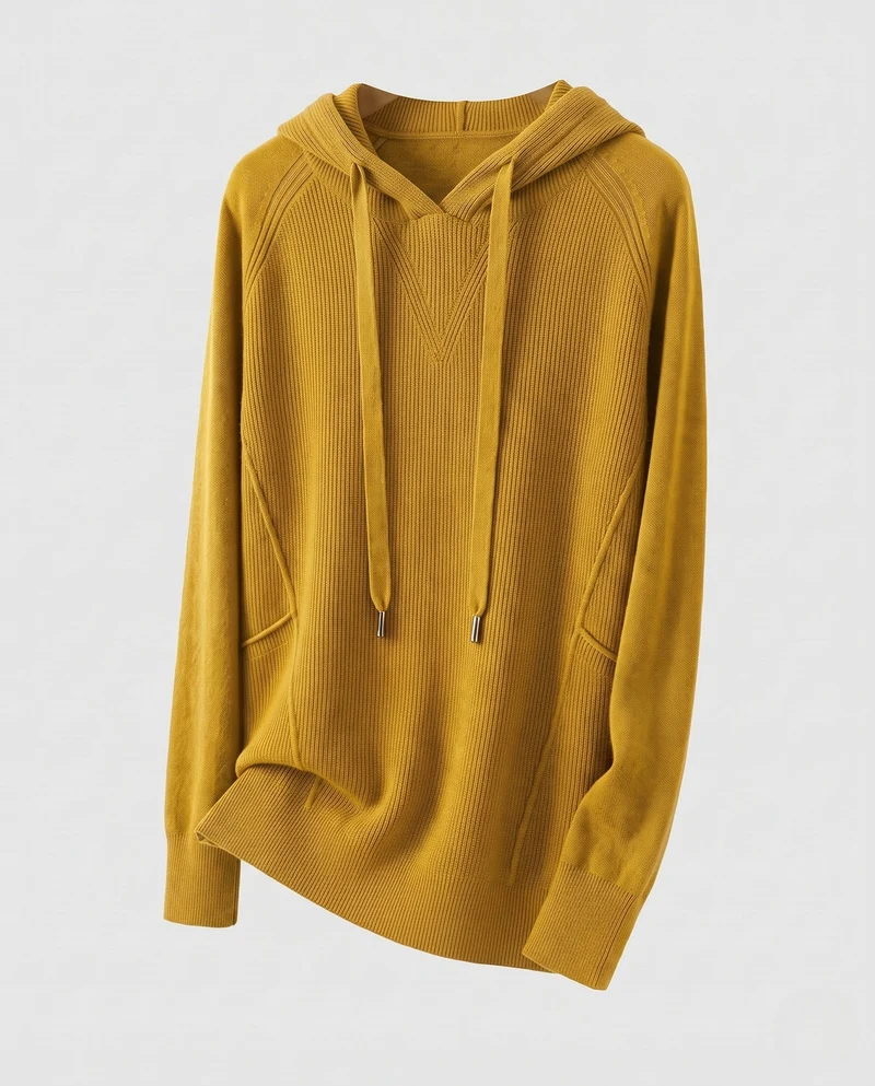Damen Kapuzenpullover im Kaschmir‑Look mit Kängurutasche und feinem Rippdetail Nord Taschen